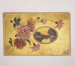 Antique Gold Embossed Pink Floral Birthday Postcard Posted c.1910 Hanna City IL - £7.71 GBP