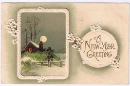 Holiday Postcard New Year Greeting Embossed Winter Scene Moonlight Germany - £2.32 GBP