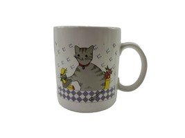 Vintage Smiling Gray Cat w Raggedy Doll &amp; Flower Pot  Coffee Tea Mug - £12.45 GBP