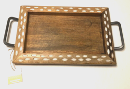 $20 Natural Wood Serving Tray Metal Handles India Brown White Spotted Tr... - $23.43