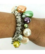 Multi Color Glass Pearl Silver Tone Charm Handmade Bracelet Green Orange... - £22.79 GBP