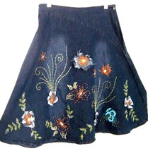 Sz XL - Hong Sheng Blue Jean Denim Beaded &amp; Embroidered A-Line Skirt - £31.99 GBP