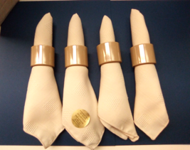 4 Woven Dinner Napkins 14&quot; Sq. Ivory Polyester Squares Pattern +4 Beige Rings  - £15.75 GBP