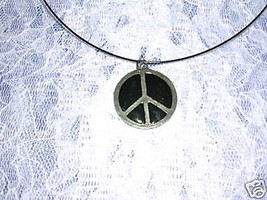 Round Peace Sign Symbol With Black Inlay Pewter Pendant Adj Cord Necklace - £7.03 GBP