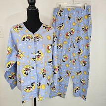 Vintage Disney Mickey Moon Stars Top Pants Cotton Bedtime PJ Pajama Set M Blue - $28.98