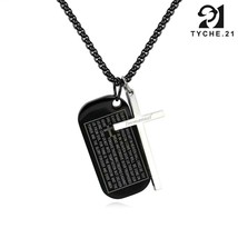 Mens Black Bible Verse Dog Tag w. Silver Cross Pendant Necklace Stainles... - £7.01 GBP