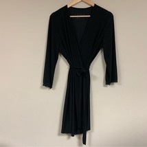 Black Sexy Wrap Robe Jersey Knit Women’s Medium Tie Waist Lace Trim Slee... - $20.79