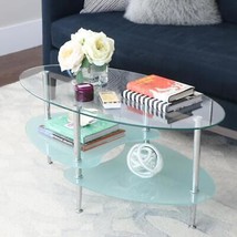 Glass Coffee Table Mid-Century Modern Oval Metal Legs Tiered Shelves Storage - £119.90 GBP