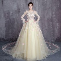 Beautiful Dress Cream See-Through O-Neck Wedding Dress Flowered Dress Tulle A-Li - £397.70 GBP