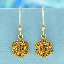 Solid 9K Yellow Gold Natural Citrine Cluster Vintage Style Floral Drop Earrings - £424.26 GBP