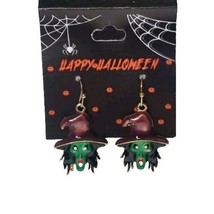 Happy Halloween Enamel Green Witch Dangle Drop Earrings - £7.36 GBP