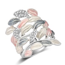 Luxury Crystal Flower Enamel Rings For Women Multi-layer Leaves Silver Color Vin - £6.16 GBP