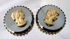 2 Vintage Black Glass Hematite and Gold Cameos Metal Setting Germany NOS  - $7.50