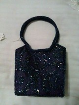 Vintage Evening Bag Black Satin W/ Iridescent Navy Beading &amp; Beaded Handles - £28.77 GBP