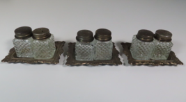 VTG Miniature Salt and Pepper Set of 3 Glass Crystal Shakers Silver Plate Tray - £27.18 GBP