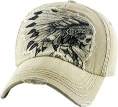 Native American Indian Chief Vintage Skull Distressed Khaki Cap Hat by KB Ethos - £15.13 GBP