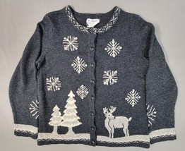 Christopher &amp; Banks Hand Embroidered Sweater Winter Gray Deer Tree Snowflake NEW - £21.38 GBP