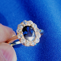 Earth mined Sapphire Diamond Engagement Ring Antique Diana Style Halo 14k Gold - £2,815.02 GBP