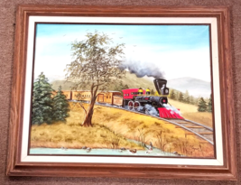 Coal Steam Red Locomotive 440 Painting Mountain Pass Pond Ducks Pine Vin... - $28.45