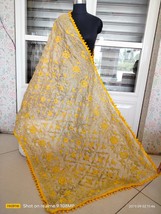Women Dupatta chanderi wool thread embroidery Raw Silk Pompom India Chunni PP30 - £25.06 GBP