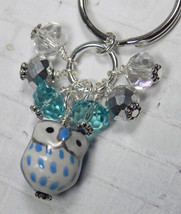 Blue Owl Cluster Keychain Ceramic Crystal Beaded Handmade Split Key Ring New - £11.66 GBP
