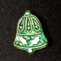 Vintage Gold Tone Bell Green Enamel Christmas Brooch Pin Costume Jewelry - £5.71 GBP