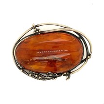 Antique Sterling Silver Floral Accent Large Oval Amber Stone Cabochon Brooch Pin - £74.53 GBP