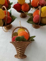 6 Vintage Flocked Fruit Baskets Hanging Christmas Ornaments Made In Hong Kong - £23.42 GBP