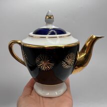 Teapot Retro 70s Porcelain Collectible Cobalt Blue Gold Gilded - $275.00