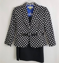 Women&#39;s Tahari Skirt Suit Black White Polka Dot Lining Belted Size 4P - $54.44