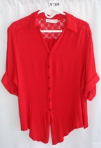 Cathy Daniels Red Lg 6 Button Front V Neck Blouse Short Sleeve Lace Back #8789 - £10.78 GBP