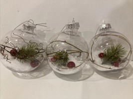 Set 3 Plastic Clear Ball Christmas Tree ornaments Berries Pine Snow 3” D... - £10.66 GBP