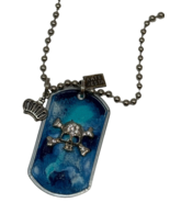 Kate Mesta Crystal Skull &amp; Crossbones Dog Tag  Necklace  Art to Wear New - £15.53 GBP