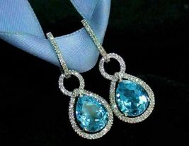 2.30Ct Simulated Blue Topaz Drop Dangle Earrings Gold Plated925 Silver - £103.36 GBP