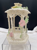 Handmade Thread Crochet Starched White Gazebo Yellow Pink Blue Flowers - £7.28 GBP