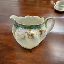 R S Prussia Creamer Pourer Ewer Vintage Porcelain Green White Gold Floral Leafy - £14.97 GBP