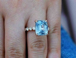 3.18 Ct Aquamarine Cushion Stone Engagement Ring in 18K Yellow Gold Finish - £82.08 GBP