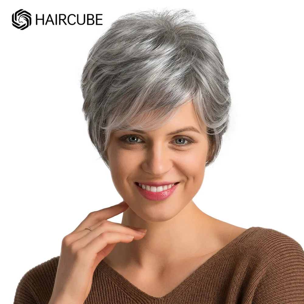 HAIRCUBE Short Gray Hair Wig with Bangs Silver Ash Pixie Wigs for Wom - £47.99 GBP