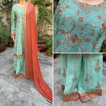 Pakistani Sea Green Frock Style Embroidered Sequins 3pcs Chiffon Sharara Dress,L - £112.89 GBP
