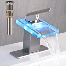 Avsiile Led Bathroom Sink Faucet, Brushed Nickel Waterfall, Open Glass S... - £66.82 GBP