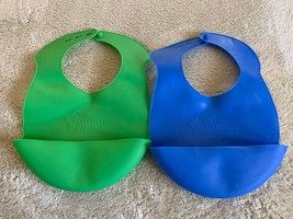 2 Tommee Tippee Boys Easi-Roll Plastic Reusable Bibs Blue Green Crumb Catcher - $9.31