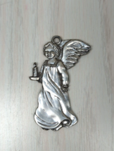 Pewter angel holding candle Christmas Tree Ornament vintage - £7.77 GBP