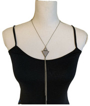 Silver Tone Necklace Long Chain Tassel Pendant Triangles Faux Gray Marble - £6.95 GBP