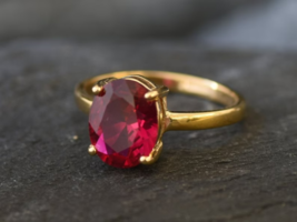 14K yellow Gold Filed  Ruby Ring Created Ruby Engagement Ring Solitaire Ring - £75.87 GBP
