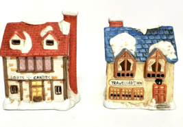 Gift Shop &amp; Travelers Inn Lighted Snow Village House set of 2 Porcelain 5.5&quot; - £9.44 GBP