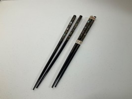 Set Of 2 Vintage Japanese Lacqueware Chopsticks Black w/ Abalone Shell Inlays - £51.78 GBP