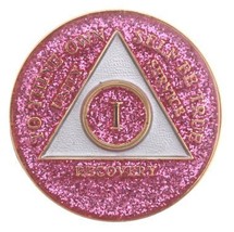 15 Year Pink Glitter Tri-Plate Alcoholics Anonymous Medallion- AA Sobrie... - $17.81