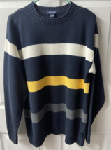 Nautica Mens Size Large Wide Striped Sweater Crew Neck Blue yellow White Gray - £16.09 GBP