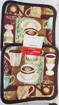 Set of 2 Same Printed Kitchen Pot Holders, MOCHA COFFEE CUPS, brown back... - $7.91