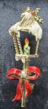 Vintage Christmas Lamppost Brooch Gold Tone Enamel Candle Snow Holly Red... - $23.75